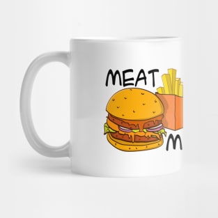 “Meat me” burger and fries illustration with black text. Mug